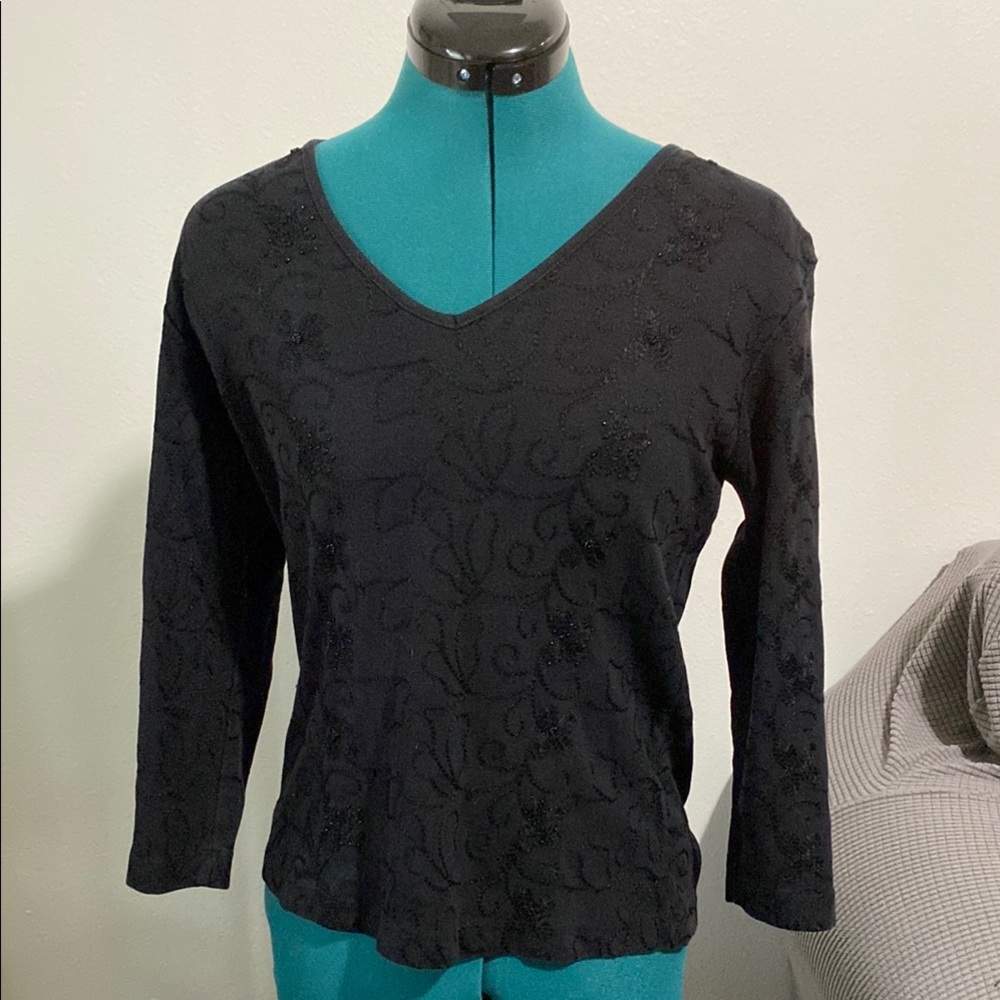 Chico’s design black midi sleeve v neck floral beaded design blouse